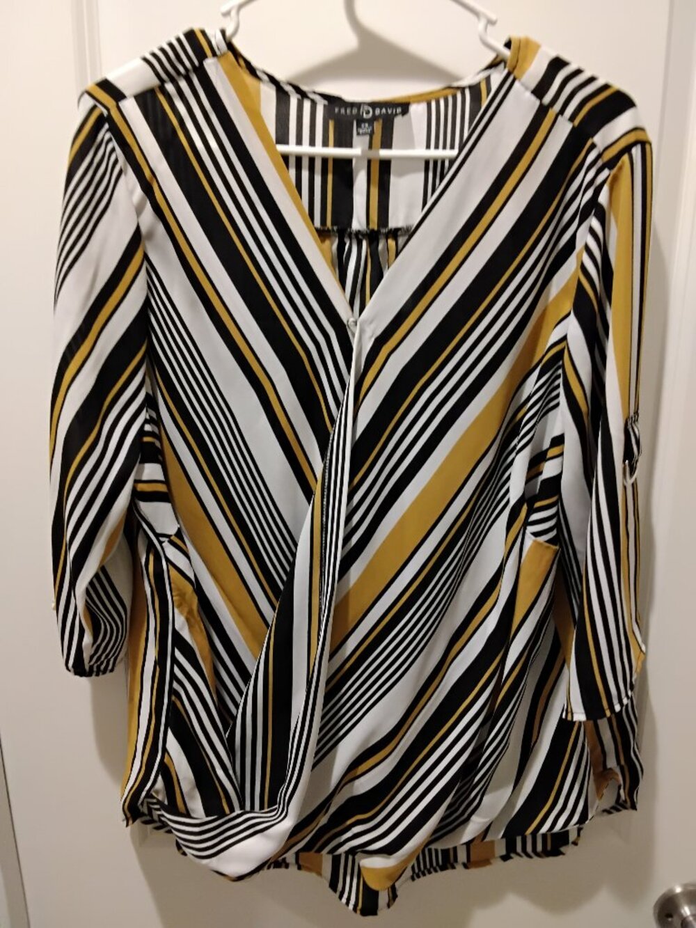 Fred David 2X Mustard Black White Striped Draped Wrap Style Blouse